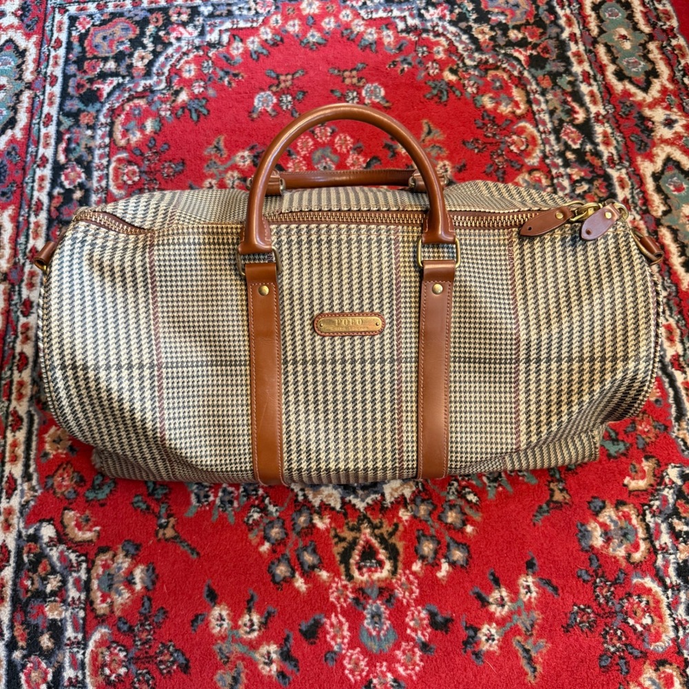 Vintage 1980s Polo Ralph Lauren Houndstooth Leather Weekender Duffel Bag
